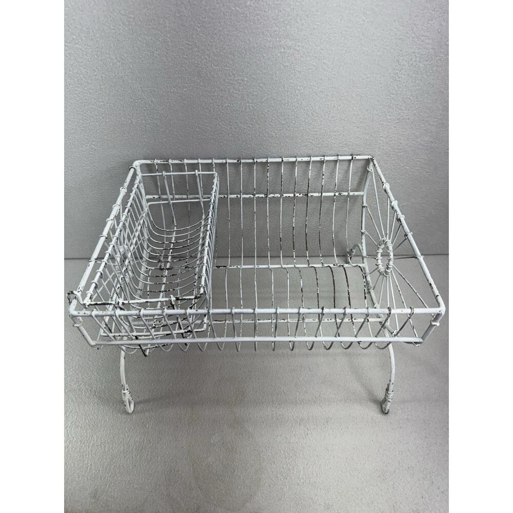 French Style Dish Rack White Wire Metal Farmhouse Counter Drying Rack VTG - Picture 13 of 13